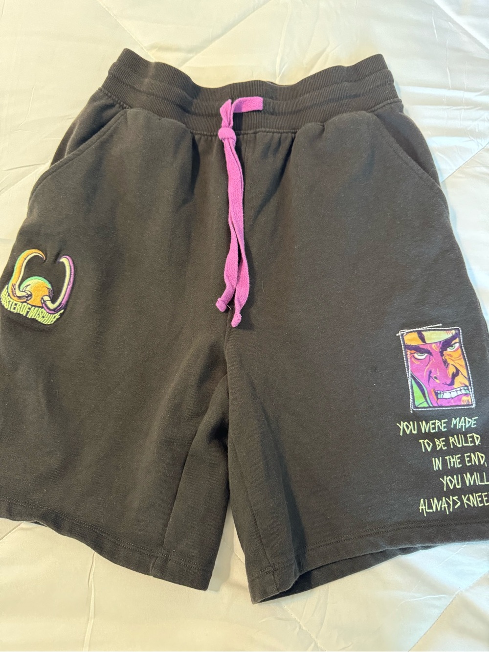 Marvel Black Athletic Shorts with Pink Drawstring and Neon Graphic